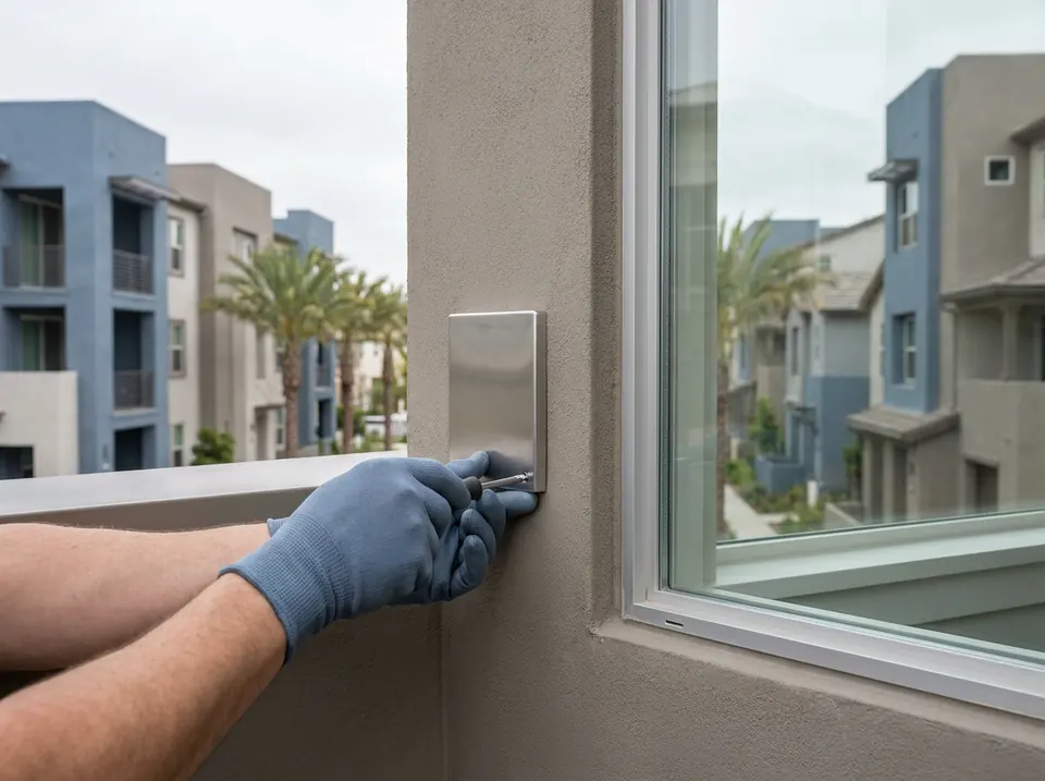 Manos con guantes atornillando la placa metálica de un recogedor de cinta junto a una ventana