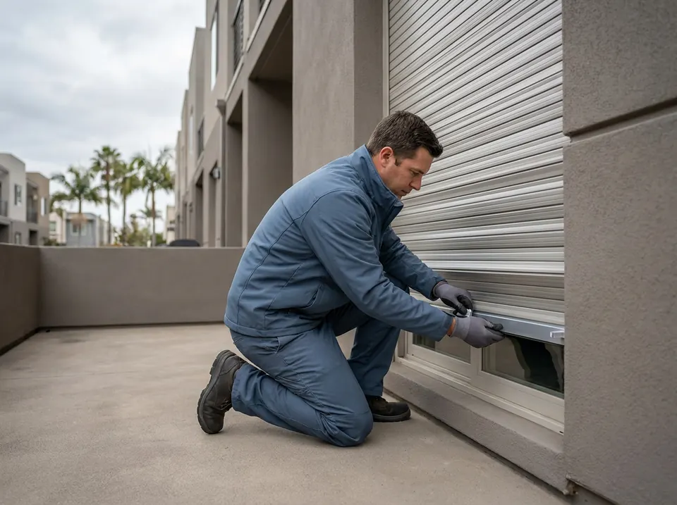 Persianista arrodillado revisando la lama final de una persiana de aluminio en una terraza