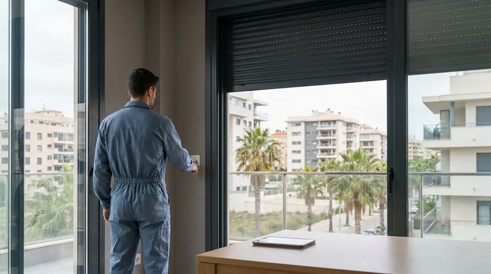 Técnico con mono azul junto a una persiana motorizada, con la mano en el pulsador de la pared