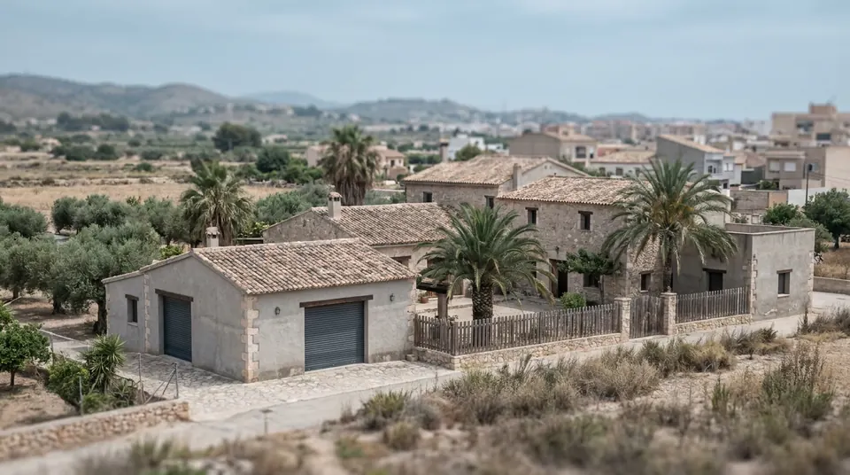 Casas de campo de piedra con persianas enrollables entre olivos, con la ciudad al fondo