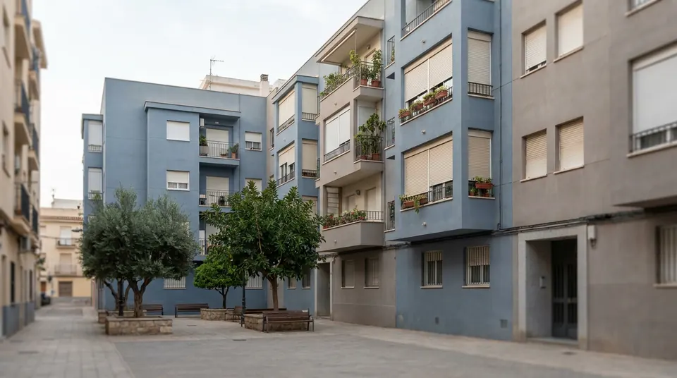 Calle estrecha de casas encaladas con balcones y persianas enrollables, con un campanario al fondo