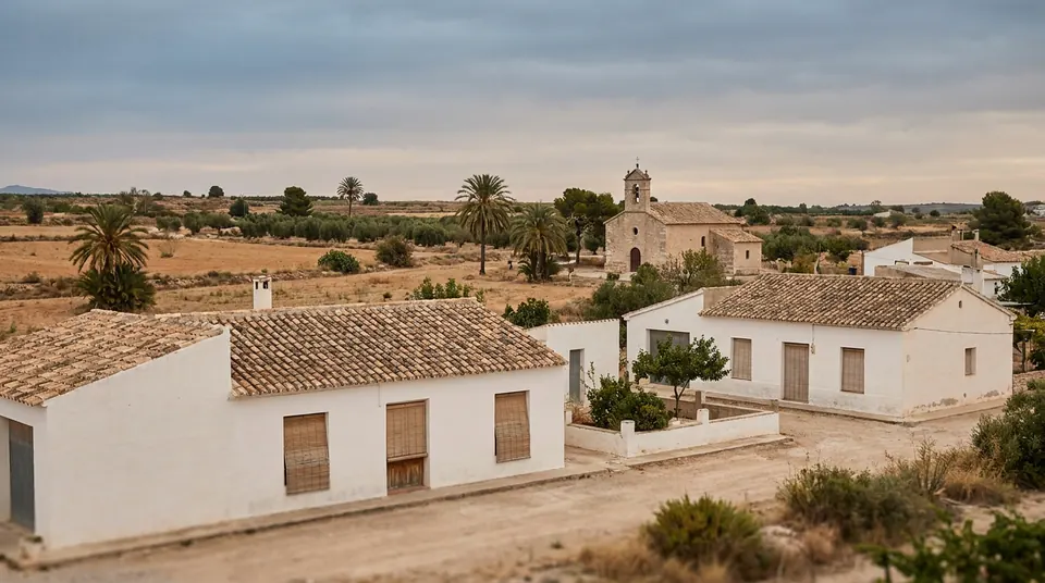 Casas de campo encaladas con persianas de listones de madera junto a una pequeña iglesia, entre cultivos