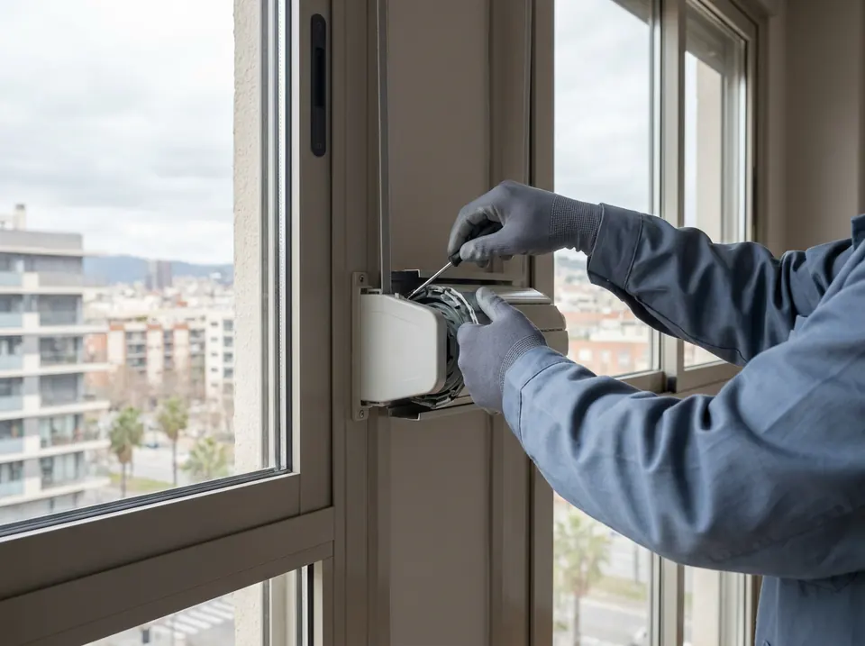 Persianista con guantes ajustando con un destornillador el mecanismo de una persiana junto a la ventana